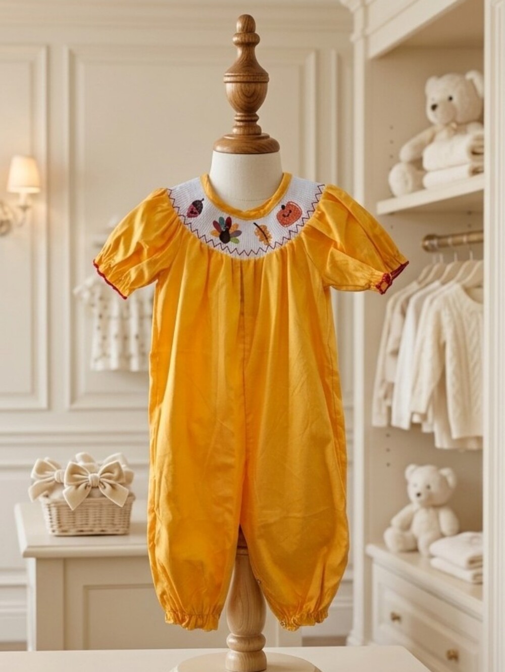 Rylee Faith Designs Smocked Fall Pumpkin Romper | Size 3M